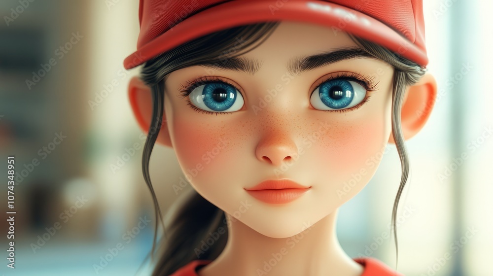 3D cartoon portrait of a pretty teen girl with blue eyes in a red shirt and hat 3D cartoon portrait of a pretty teen girl with blue eyes in a red shirt and hat