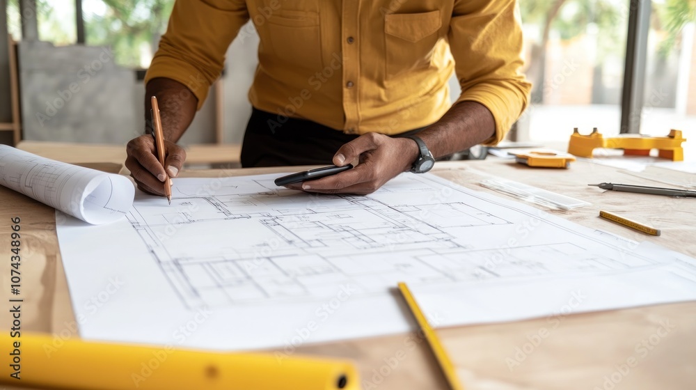 A person reviewing architectural plans while using a smartphone and writing notes. A person reviewing architectural plans while using a smartphone and writing notes.
