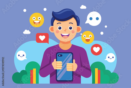 A person enjoys using a mobile phone outdoors while interacting with various social media icons, Flat illustration of a person holding a mobile phone with social media emoji.