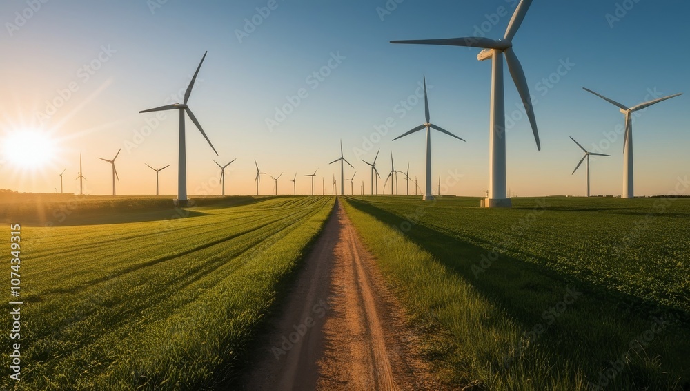 Panoramic view of wind farm or wind park, with high wind turbines for generation electricity with copy space. Green energy concept Panoramic view of wind farm or wind park, with high wind turbines for generation electricity with copy space. Green energy concept