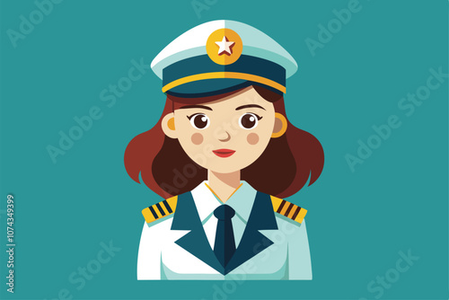 A woman dressed as a captain smiles confidently, showcasing her uniform and hat, on a vibrant background, Flat illustration of a woman captain that can be customized.
