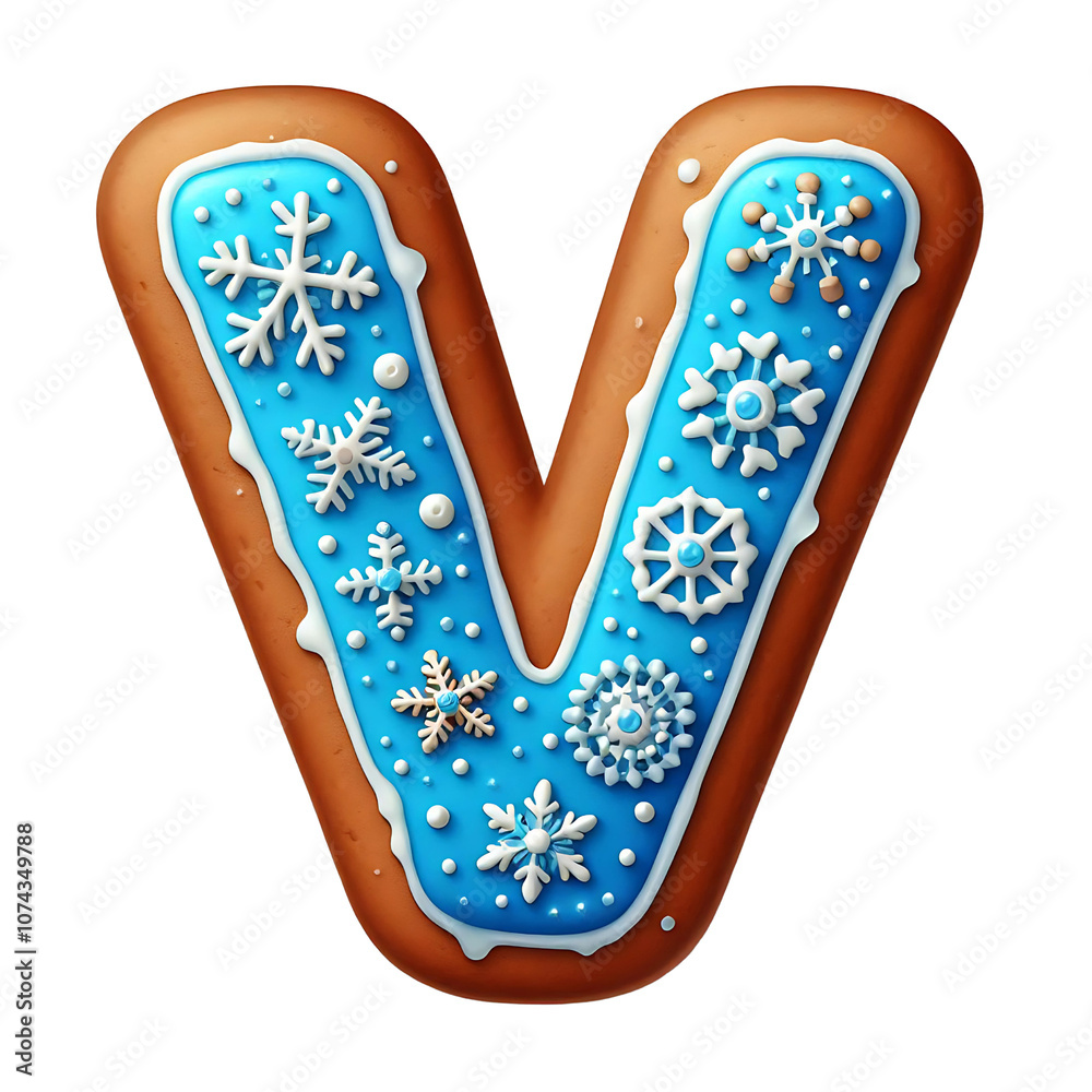 Christmas themed uppercase letter V with gingerbread cookie isolated on white background. Christmas themed uppercase letter V with gingerbread cookie isolated on white background.