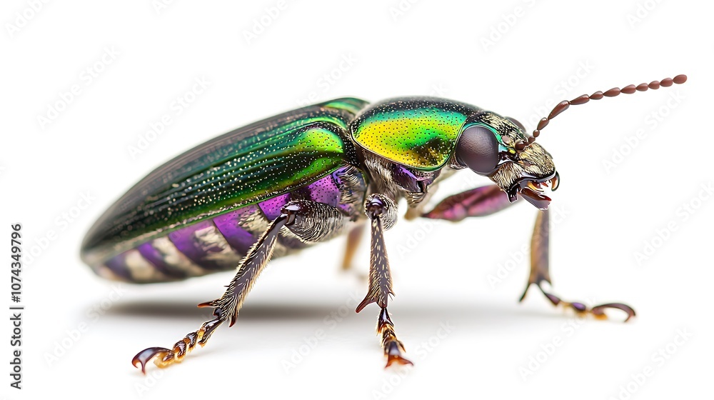 Green and Purple Metallic Beetle with Antennae Isolated on White Green and Purple Metallic Beetle with Antennae Isolated on White