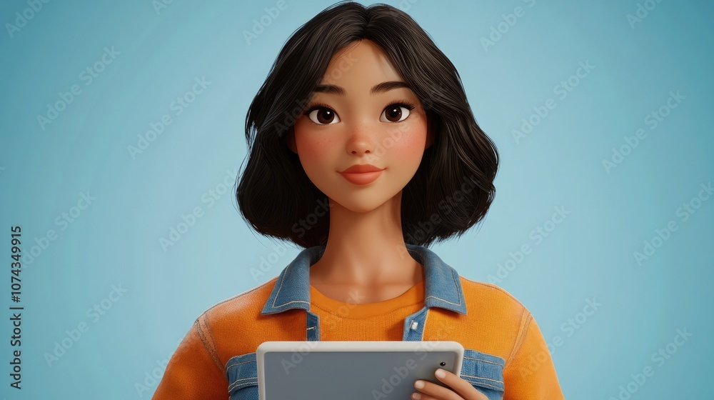 Asian woman in an orange shirt and denim jean jacket holding a tablet and stylus showcasing modern technology use Asian woman in an orange shirt and denim jean jacket holding a tablet and stylus showcasing modern technology use