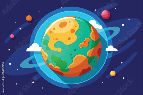 A vibrant depiction of a clone of Earth featuring colorful landmasses and orbiting planets in space, Flat illustration of Earth clone.