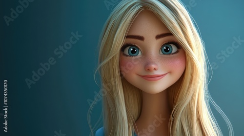 3D Cartoon of a lovely young blonde woman with long hair smiling at the camera Isolated with room for text