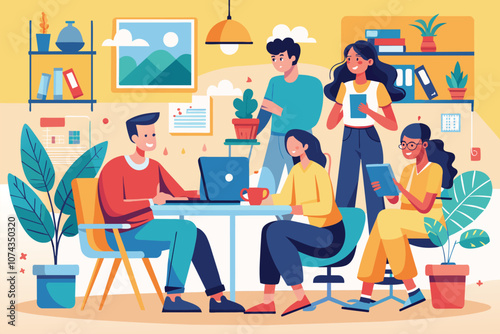 A group of people engage in teamwork, sharing ideas and working at a workspace filled with plants, Flat illustration of people working and discussing indoors, hand-drawn