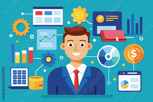 A businessman is actively involved in data input, surrounded by charts, graphs, and analytical tools, Flat illustration set of businessman and data input icons.