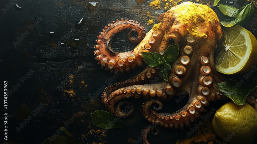 Raw octopus with lemon and spices on a dark background Raw octopus with lemon and spices on a dark background