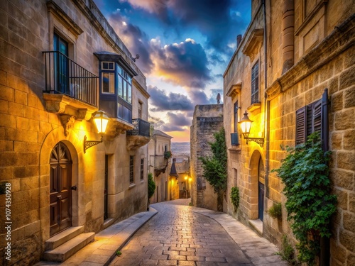 Long Exposure of Narrow Street in Ancient Rabat, Malta with Traditional Limestone Houses