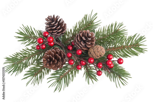 Festive Pine Branches with Pinecones and Red Berries