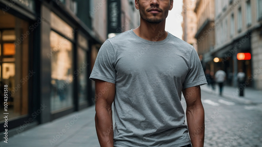 Confident Handsome Latin Man in Casual Gray Shirt Smiling in Street Confident Handsome Latin Man in Casual Gray Shirt Smiling in Street