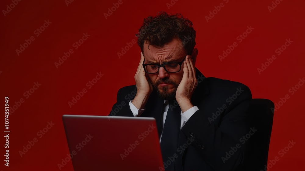 Stressed businessman struggles to focus on laptop while battling overwhelming workload Stressed businessman struggles to focus on laptop while battling overwhelming workload