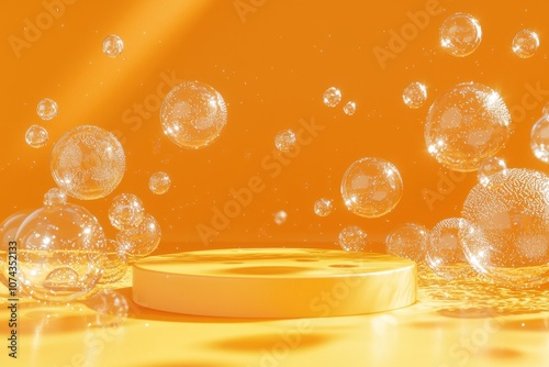 Vibrant yellow podium adorned with floating transparent bubbles photo