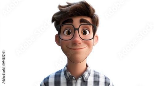 3D cartoon portrait of a young handsome man on a white background standing directly in front of the camera