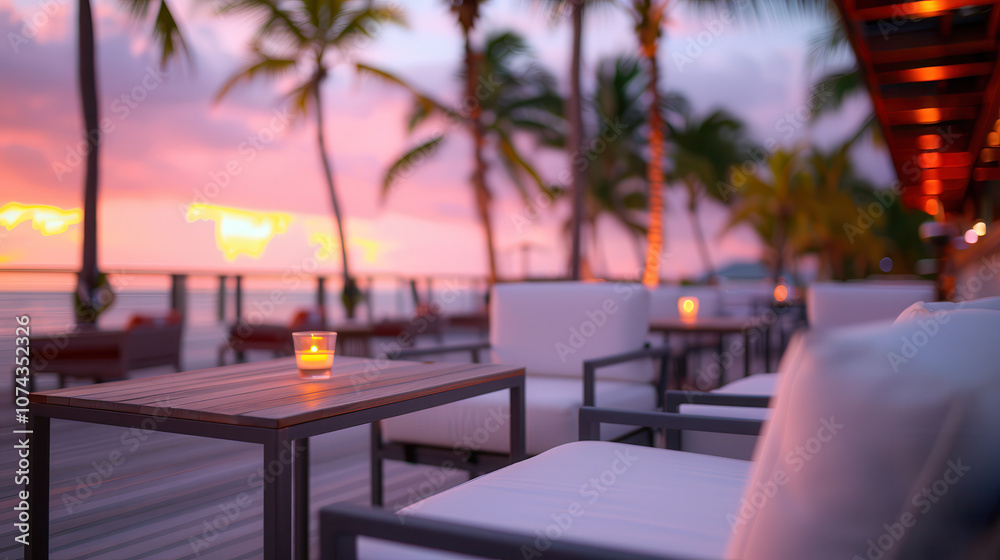 A serene sunset view from a tropical lounge area, featuring cozy white chairs, glowing candles, and palm trees framing the ocean horizon.