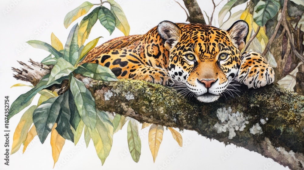 Majestic Jaguar Resting on Tree Branch in Nature Majestic Jaguar Resting on Tree Branch in Nature