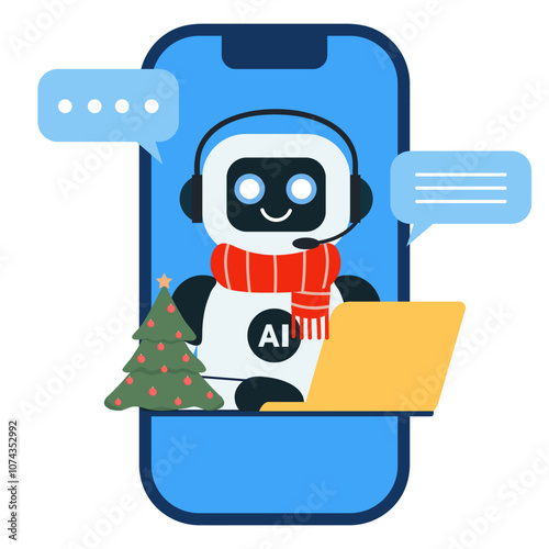 Cute chat bot, robot assistant with a Christmas tree, red scarf and yellow laptop for customer support on the phone. AI bot helper. Concept of virtual conversation assistant for getting help. New Year