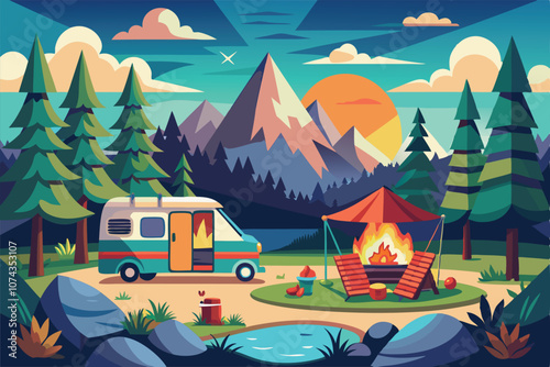 A cozy glamping setup features a camper, campfire, and seating under a vibrant mountain sunset, Glamping Customizable Illustration