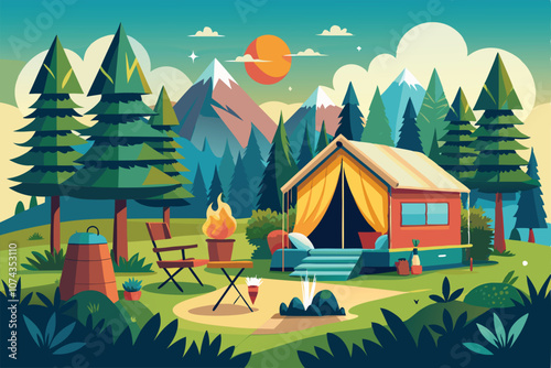 A cozy glamping site is set up in a lush, mountainous area with a warm campfire and stunning views, Glamping Flat Illustration, Customizable