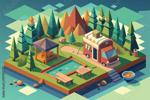 Enjoy a relaxing glamping experience with an RV, outdoor seating, and a tranquil pool in a forest setting, Glamping Isometric Illustration