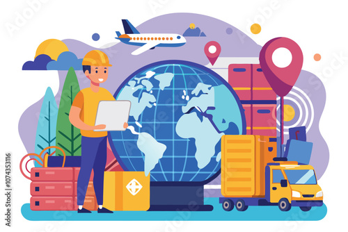A logistics professional uses a laptop to oversee distribution activities next to a globe and freight, Global logistics company with B2B supplier concept and flat illustration.