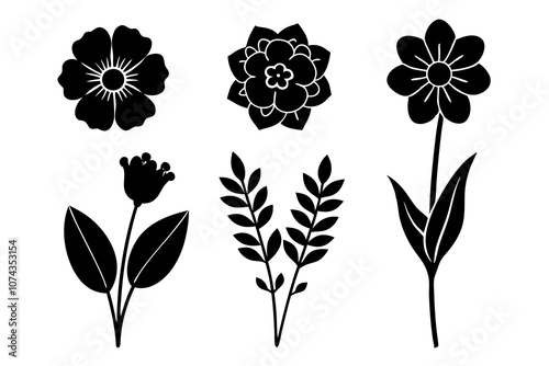 6 vector silhouette icon set of Ranunculus, Buttercup, Snowdrop, Heather, Larkspur, Delphinium