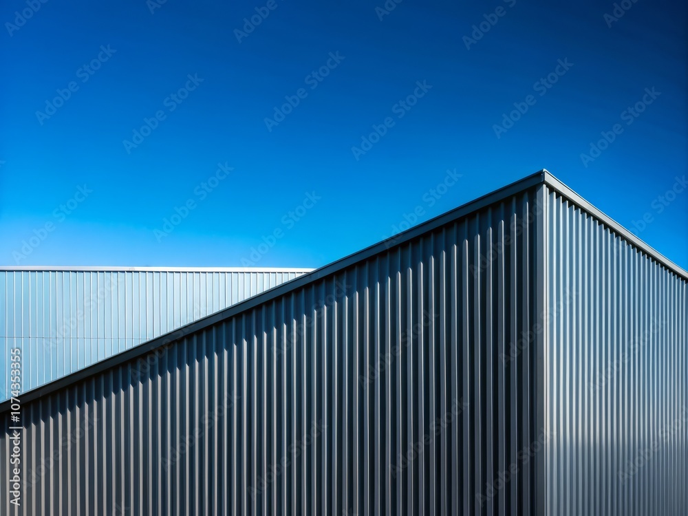 Minimalist Architectural Photography of an Industrial Warehouse with Geometric Aluminum Rooftop Against a Clear Blue Sky Showcasing Modern Design and Patterns in Perspective Minimalist Architectural Photography of an Industrial Warehouse with Geometric Aluminum Rooftop Against a Clear Blue Sky Showcasing Modern Design and Patterns in Perspective