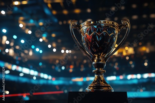 Golden Trophy on a Podium in a Stadium Setting with Defocused Blue and Yellow Lights photo