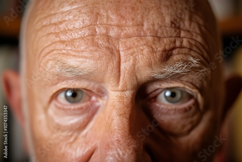  A close up of an older man's face with blue eyes