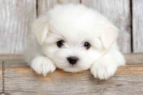 A small white dog laying on top of a wooden table