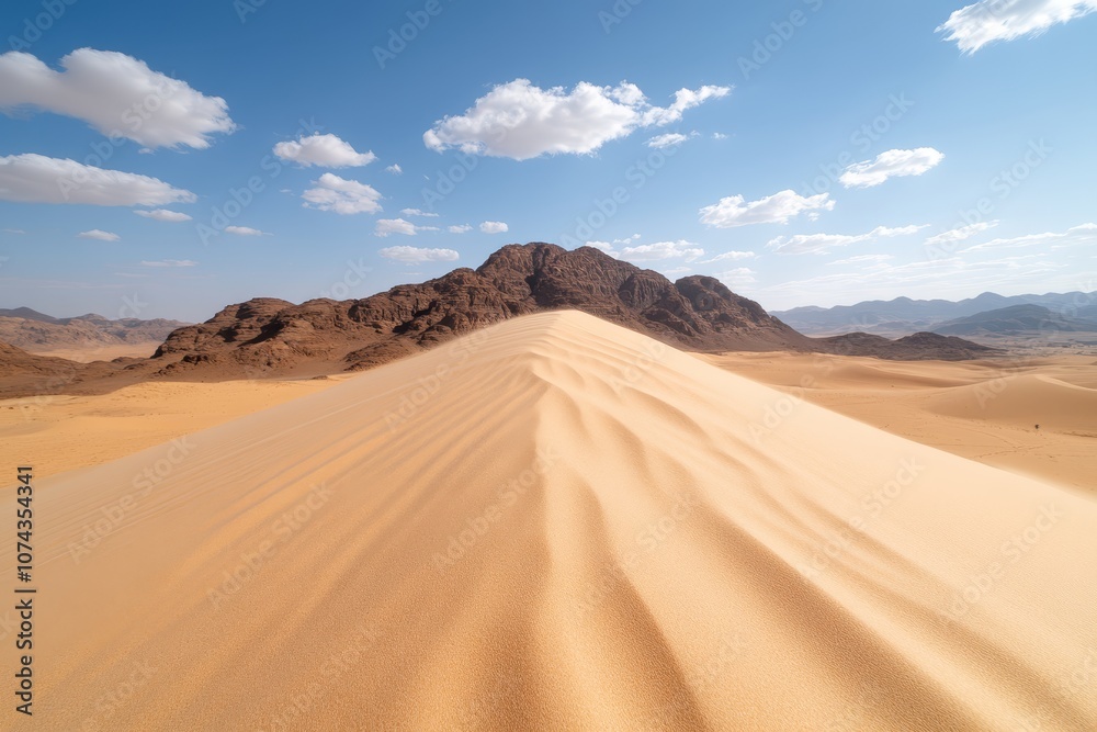 A sand dune in the middle of a desert with mountains in the background A sand dune in the middle of a desert with mountains in the background