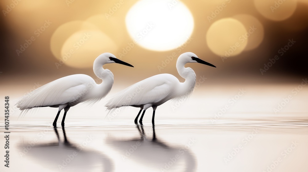 Naklejka premium A couple of white birds standing on top of a body of water