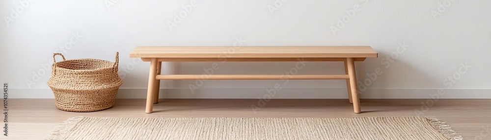 A minimalist wooden bench paired with a woven basket, showcasing simplicity and elegance in a modern interior setting. A minimalist wooden bench paired with a woven basket, showcasing simplicity and elegance in a modern interior setting.