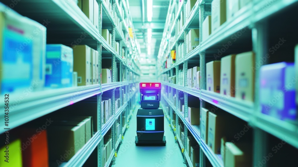 Robot with Laser Scanner in Warehouse Aisle Robot with Laser Scanner in Warehouse Aisle
