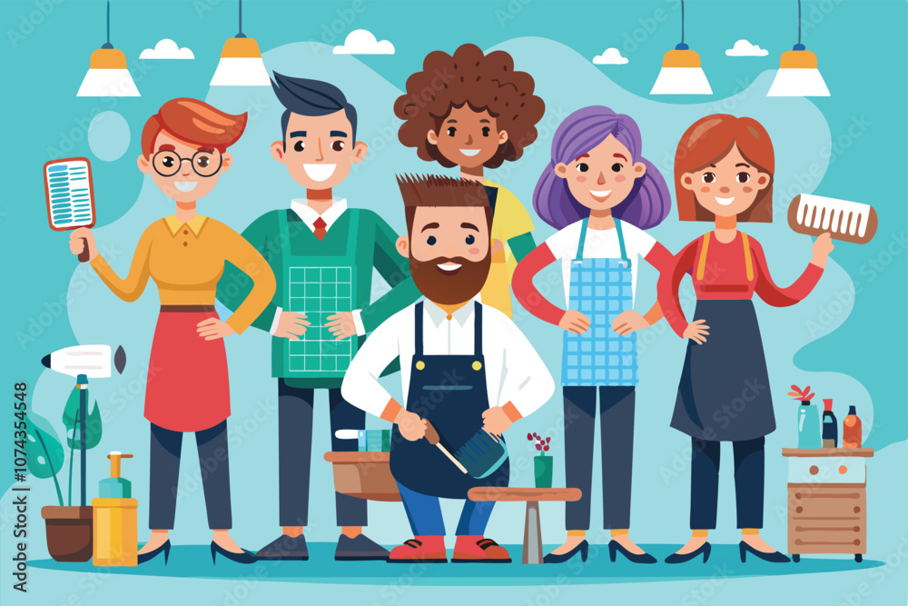 A talented group of hairdressers poses in a vibrant salon, highlighting their creativity and teamwork, Hairdresser team with customizable and disproportionate illustration. A talented group of hairdressers poses in a vibrant salon, highlighting their creativity and teamwork, Hairdresser team with customizable and disproportionate illustration.
