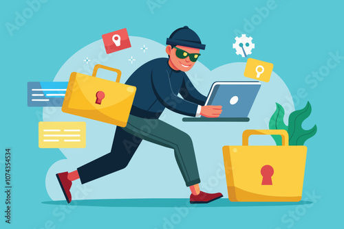 A hacker accesses a locked folder on a laptop while carrying stolen items in a modern digital setting, Hacker breaches locked folder, flat Illustration