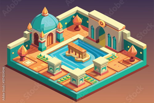 Explore a customizable isometric design featuring a hammam, complete with a serene pool and ornamental details, Hammam Isometric Illustration Customizable