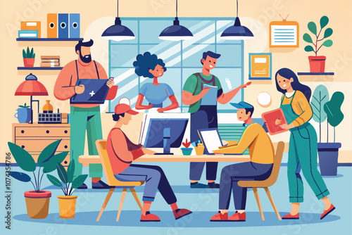 A diverse group of individuals is engaged in a collaborative work session in a well-lit room filled with plants, Hand-drawn people working in a room, simple illustration