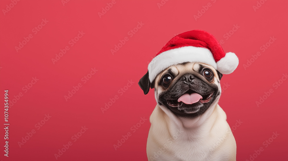 Cute Pug dog smiling wearing a red Santa Claus hat. brightly and cheerfully, on a red pastel background Christmas atmosphere Cute Pug dog smiling wearing a red Santa Claus hat. brightly and cheerfully, on a red pastel background Christmas atmosphere