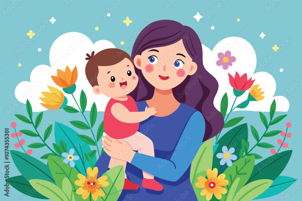 A cheerful mother holds her smiling baby surrounded by vibrant flowers on a beautiful Mother's Day, Happy Mother's day with a flat illustration of a mother and baby. A cheerful mother holds her smiling baby surrounded by vibrant flowers on a beautiful Mother's Day, Happy Mother's day with a flat illustration of a mother and baby.