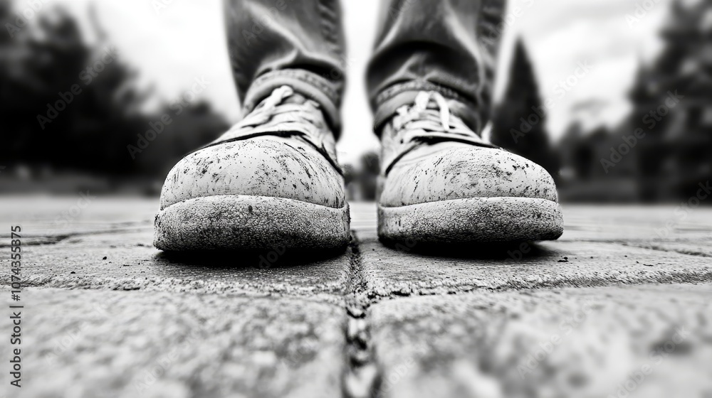 A pair of dirty shoes sitting on top of a sidewalk A pair of dirty shoes sitting on top of a sidewalk