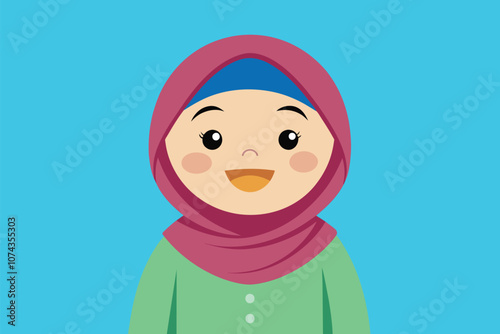 A joyful Muslim child wearing a colorful hijab smiles warmly, expressing happiness and positivity, Happy Muslim child in hijab, flat illustration.
