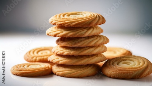 "Delicious Danish Butter Cookies Stacked Perfectly on White Background"