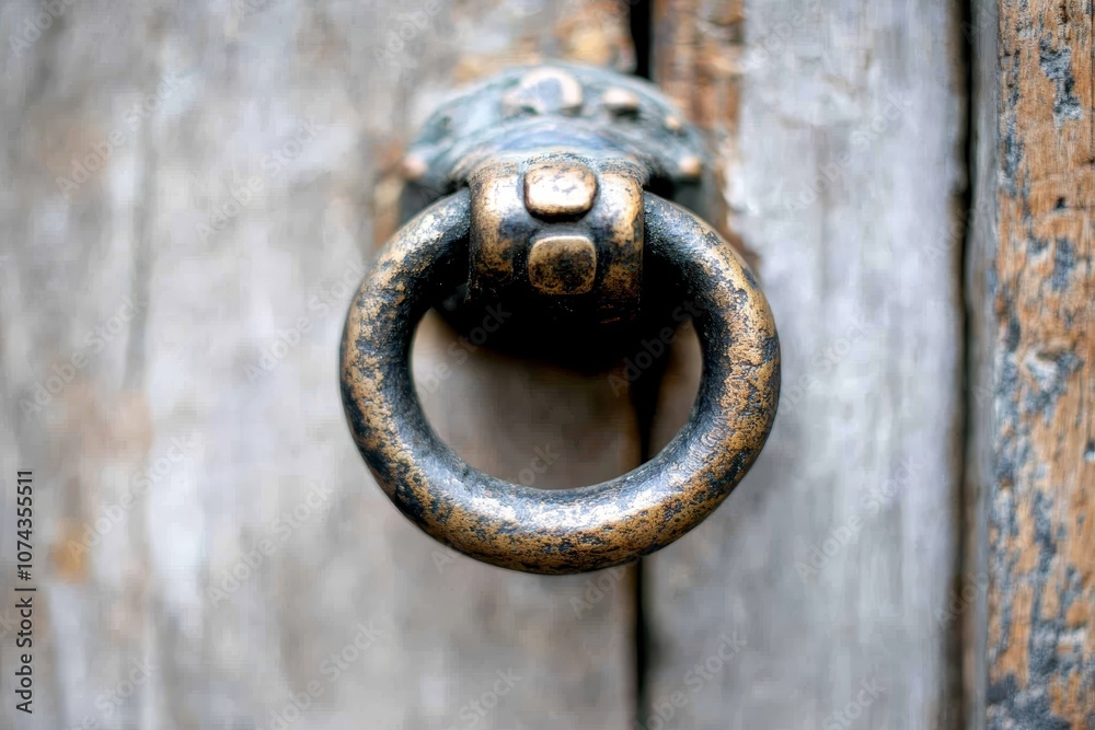 A close up of a door knocker on a wooden door A close up of a door knocker on a wooden door