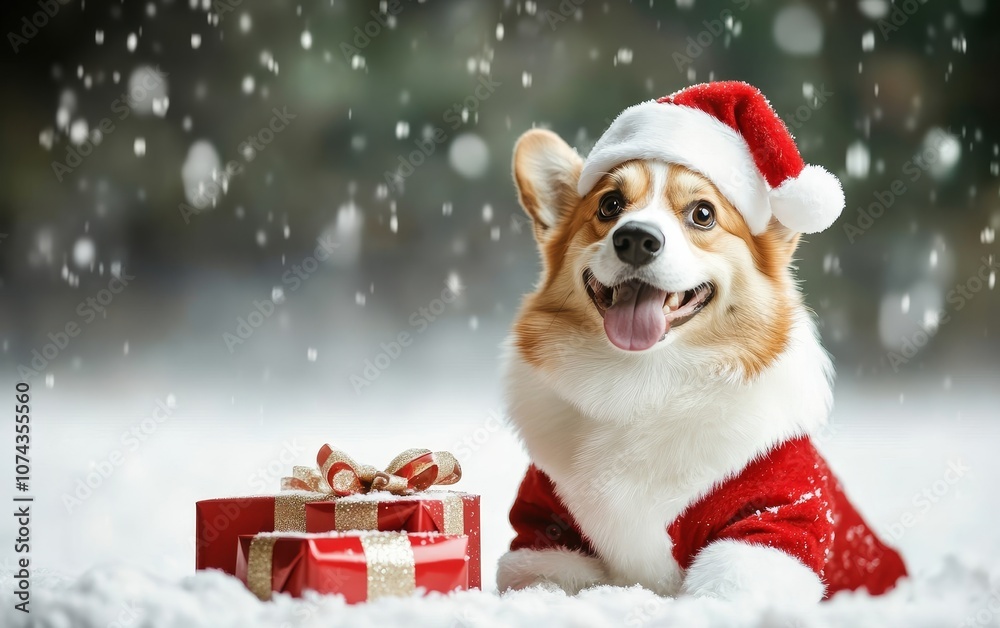 A festive corgi in a Santa hat beside a gift, set against a snowy background. A festive corgi in a Santa hat beside a gift, set against a snowy background.