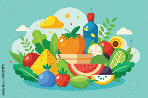 A colorful display featuring an assortment of fresh fruits and vegetables, showcasing vibrant colors and textures, Healthy food illustration