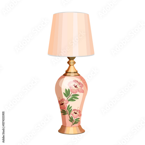 A table lamp with a shade and a floral print, isolated on a white background.Vector illustration of a lighting device for the interior of a room.