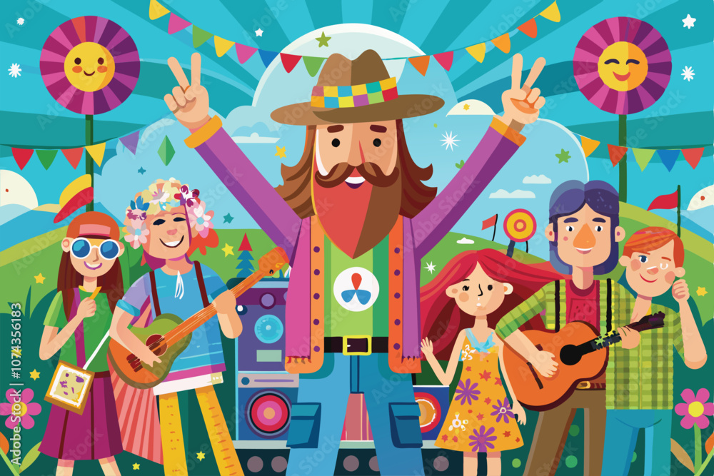 People celebrate together at a lively hippie party, enjoying music, dancing, and good vibes outdoors, Hippie party with customizable and disproportionate illustration.