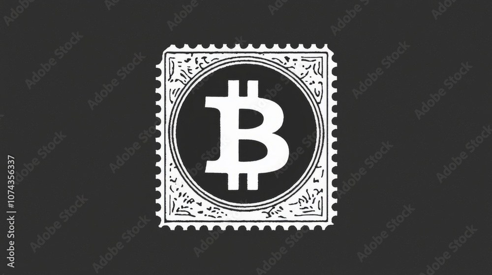 Obraz premium Bitcoin stamp design featuring the iconic logo set against a dark background, representing digital currency and innovation